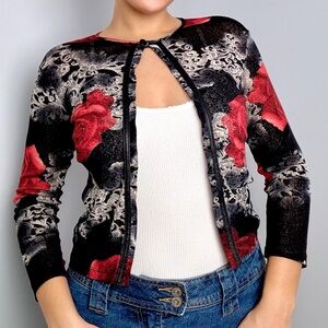 Y2K Black Floral Print Cardigan
